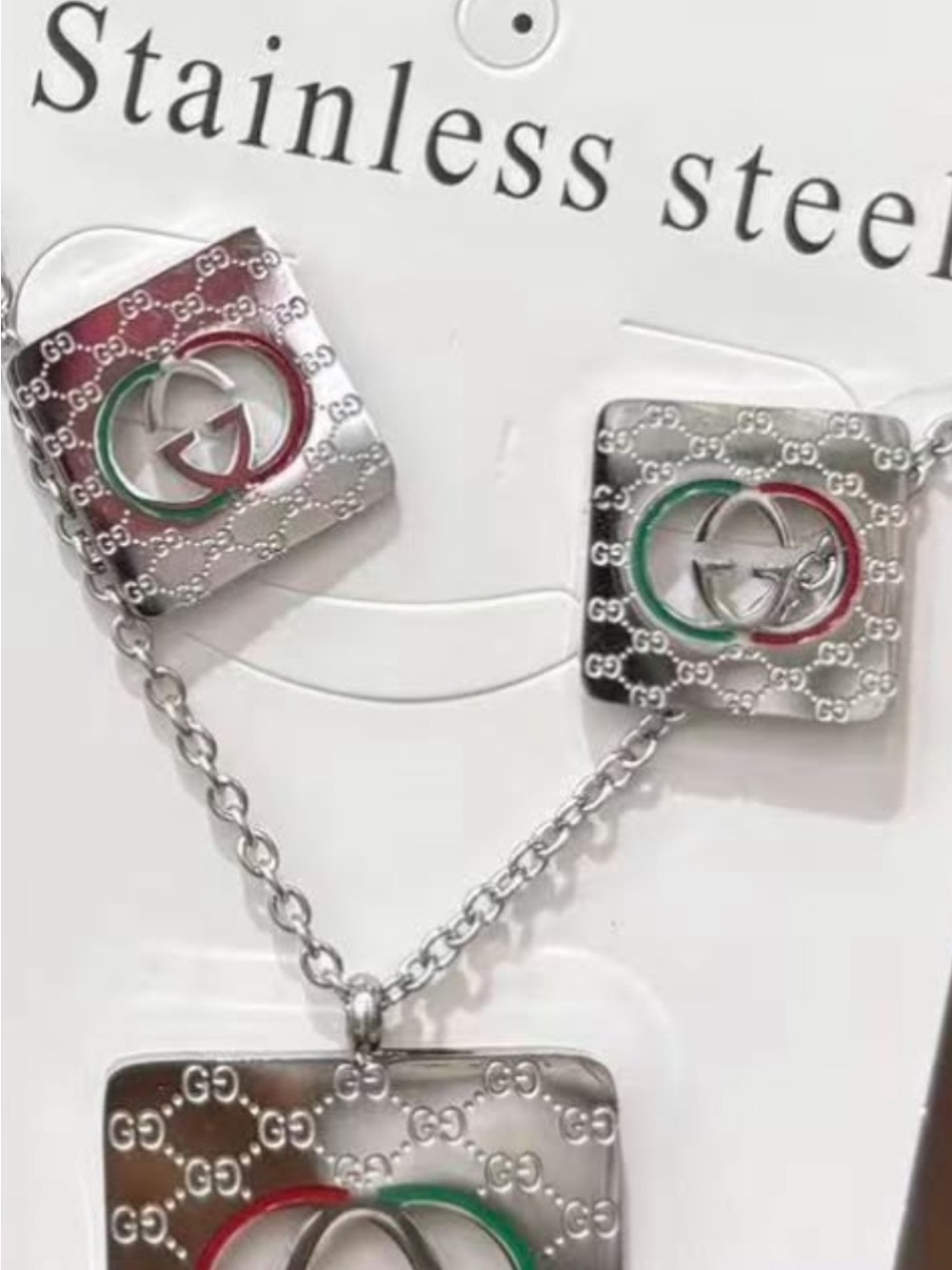 Silver Tone Necklace and Earrings Set with Red & Green Accents